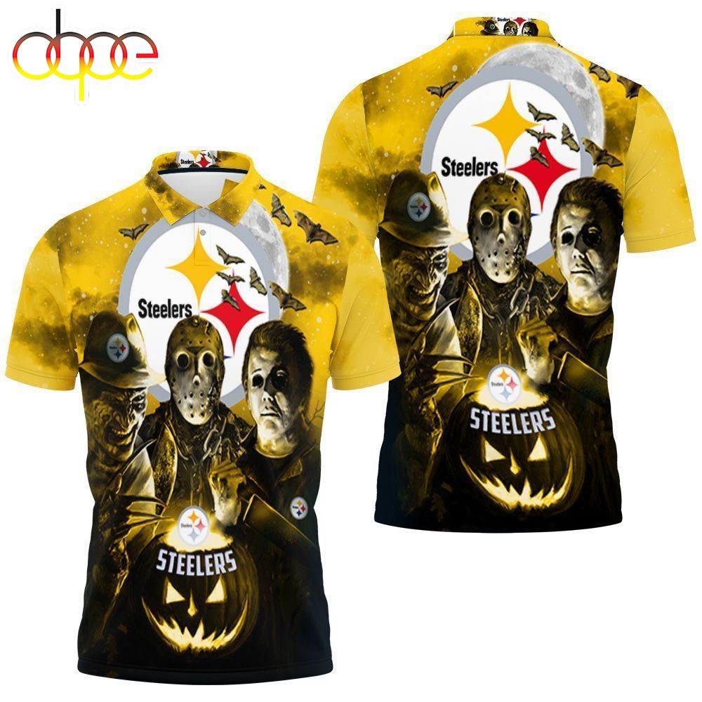 The Steelers Freddy Jason Michael Myers Loves Pittsburgh Steelers Pumpkin Head Halloween 3d Polo Shirt