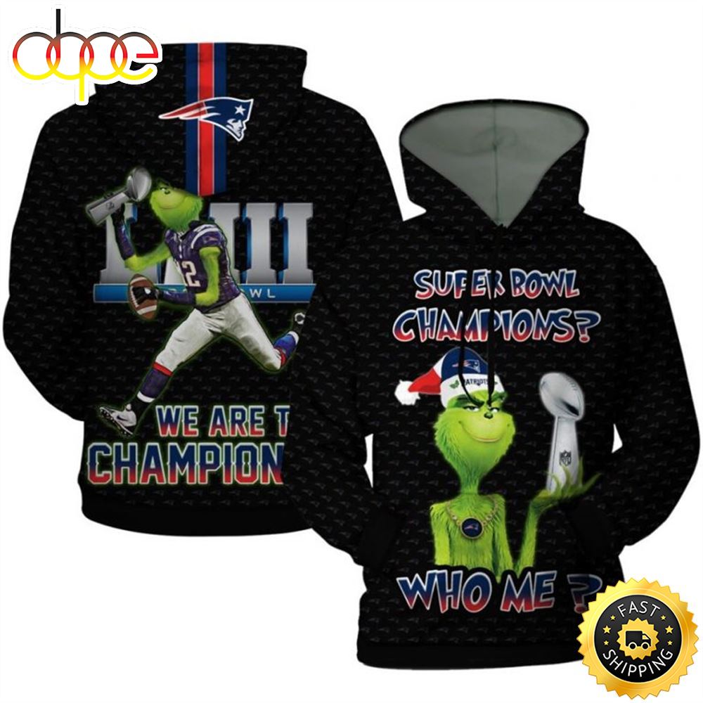 The Grinch New England Patriots Super Bowl Champions Santa All Over Print 3 Hoodie Zip Hoodie NFL