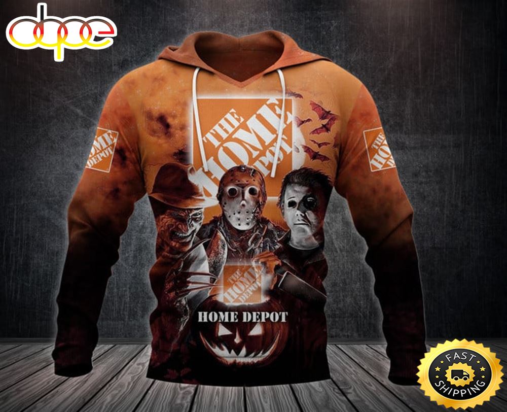 The Home Depot With Michael Myers and Freddy Krueger and Jason Voorhees Pumpkin Halloween All Over Print Hoodie