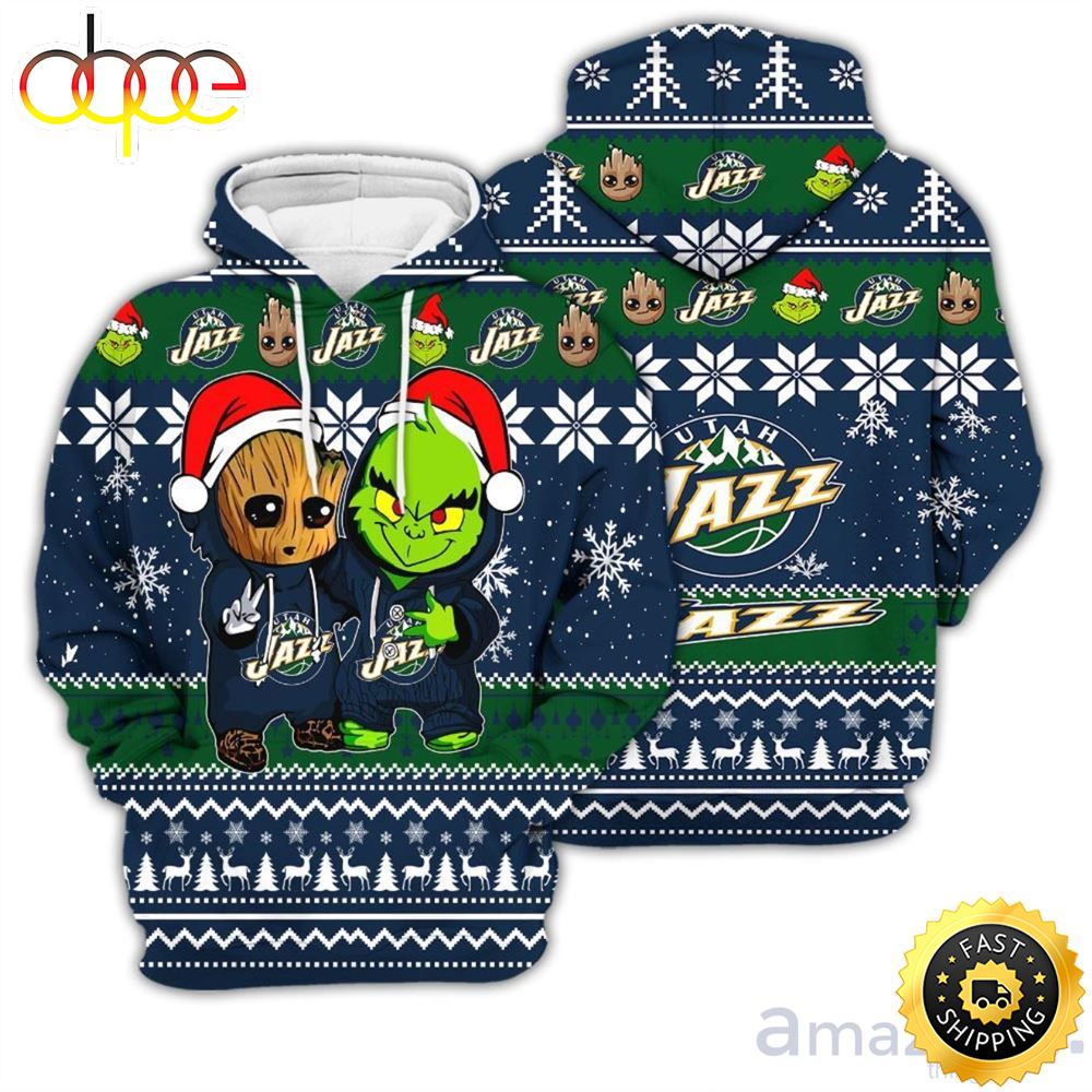 Utah Jazz Baby Groot And Grinch Best Friends 3D Hoodie