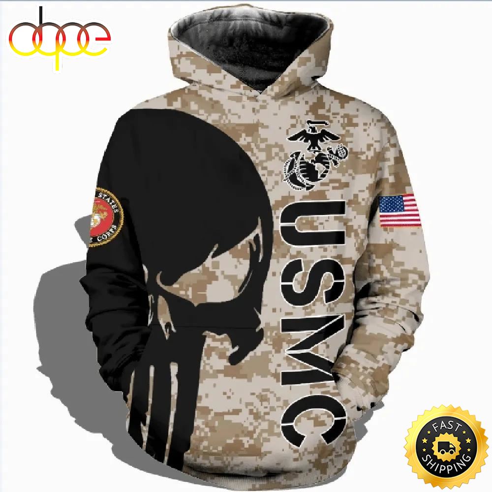 Veteran American Military USMC Marines Black Skull On Left 3D Hoodie All Over Printed