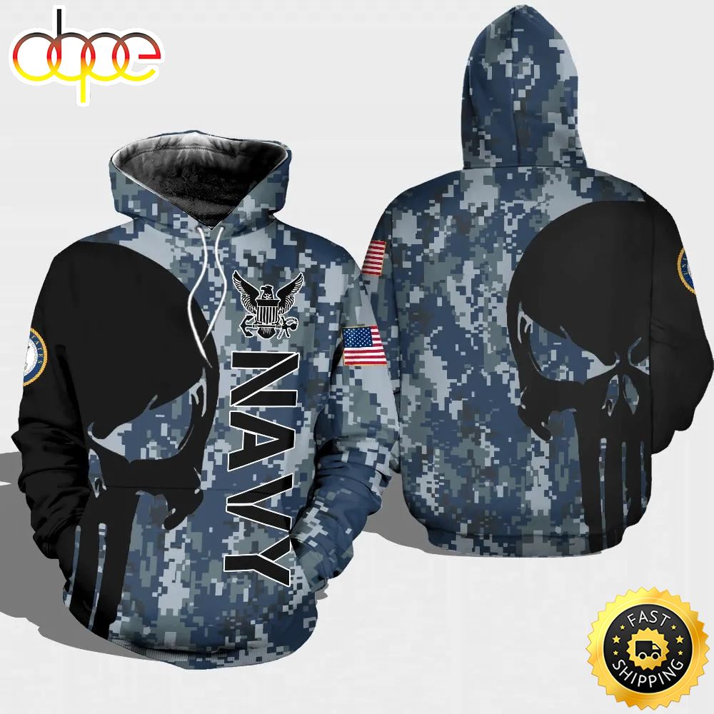 Veteran American Military USN Navy Black Skull On The Left 3D Hoodie All Over Printed
