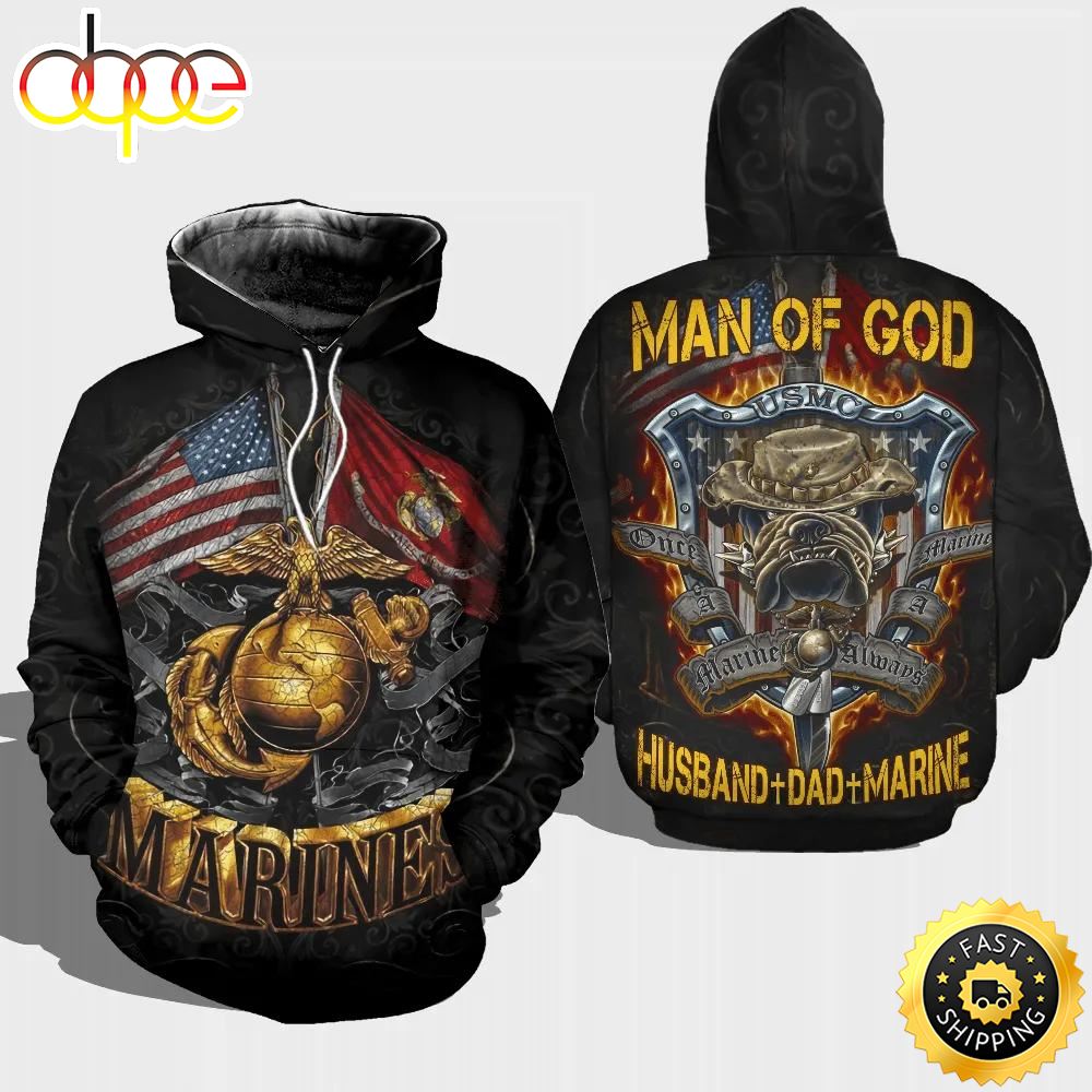Veteran Man Of God Husband Dad Marine Bull Dog 3D Hoodie All Over Printed