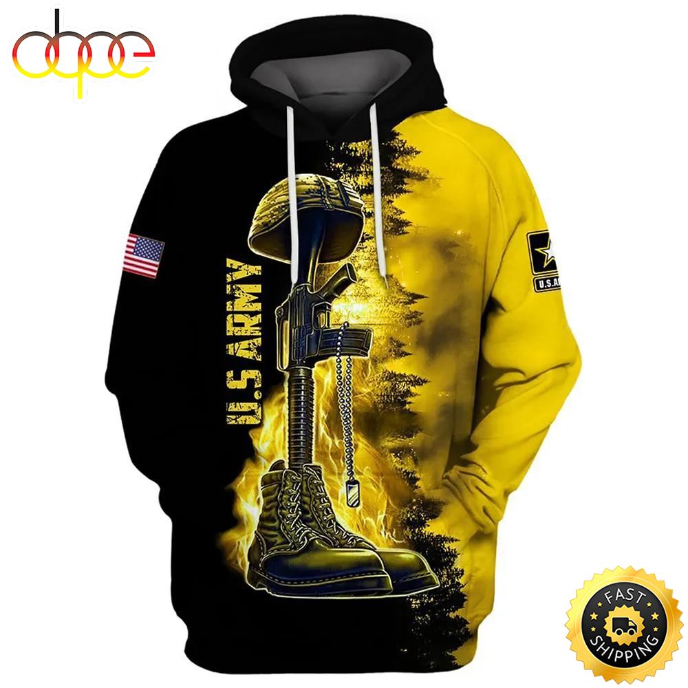 Veteran U.S Army Veteran Black And Golden Fire 3D Hoodie All Over Printed