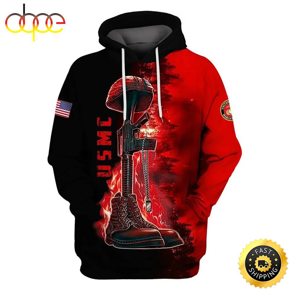 Veteran USMC Marines Veteran Black And Red Fire 3D Hoodie All Over Printed