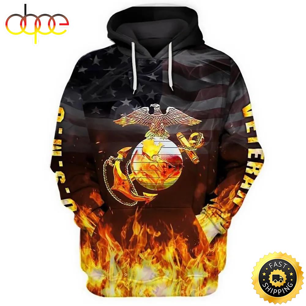 Veteran USMC Veteran Marines Symbol On Fire 3D Hoodie All Over Printed