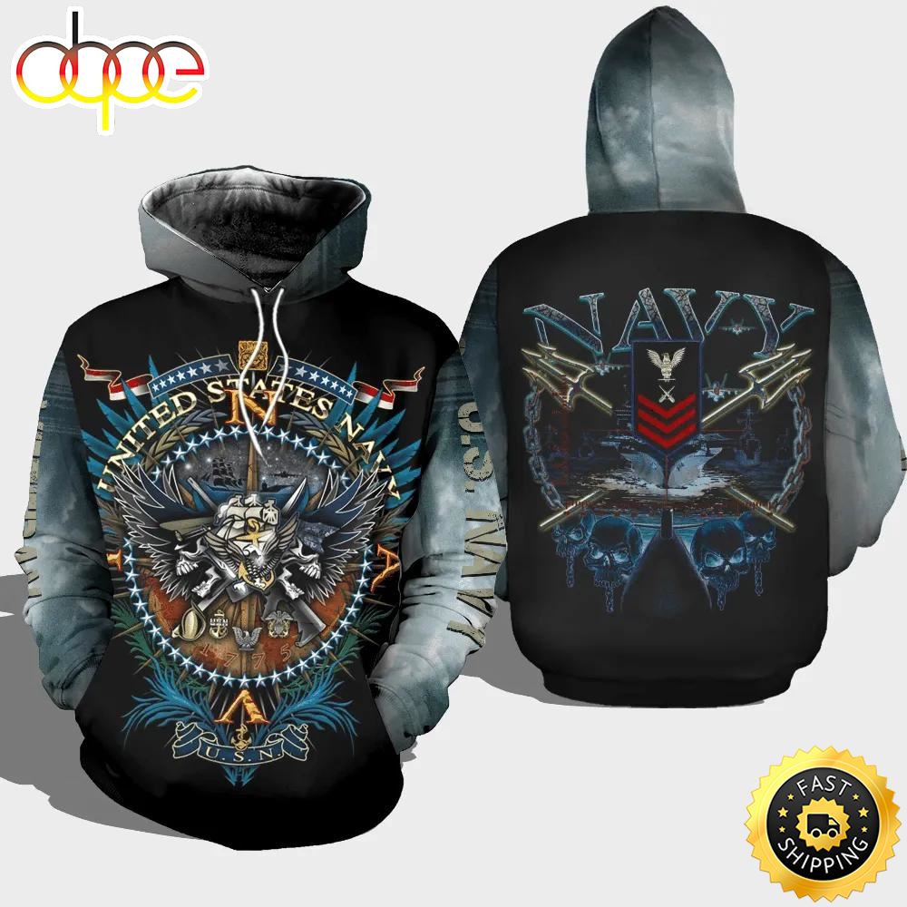 Veteran United States Navy US Navy Veteran Blue Skull 3D Hoodie All Over Printed