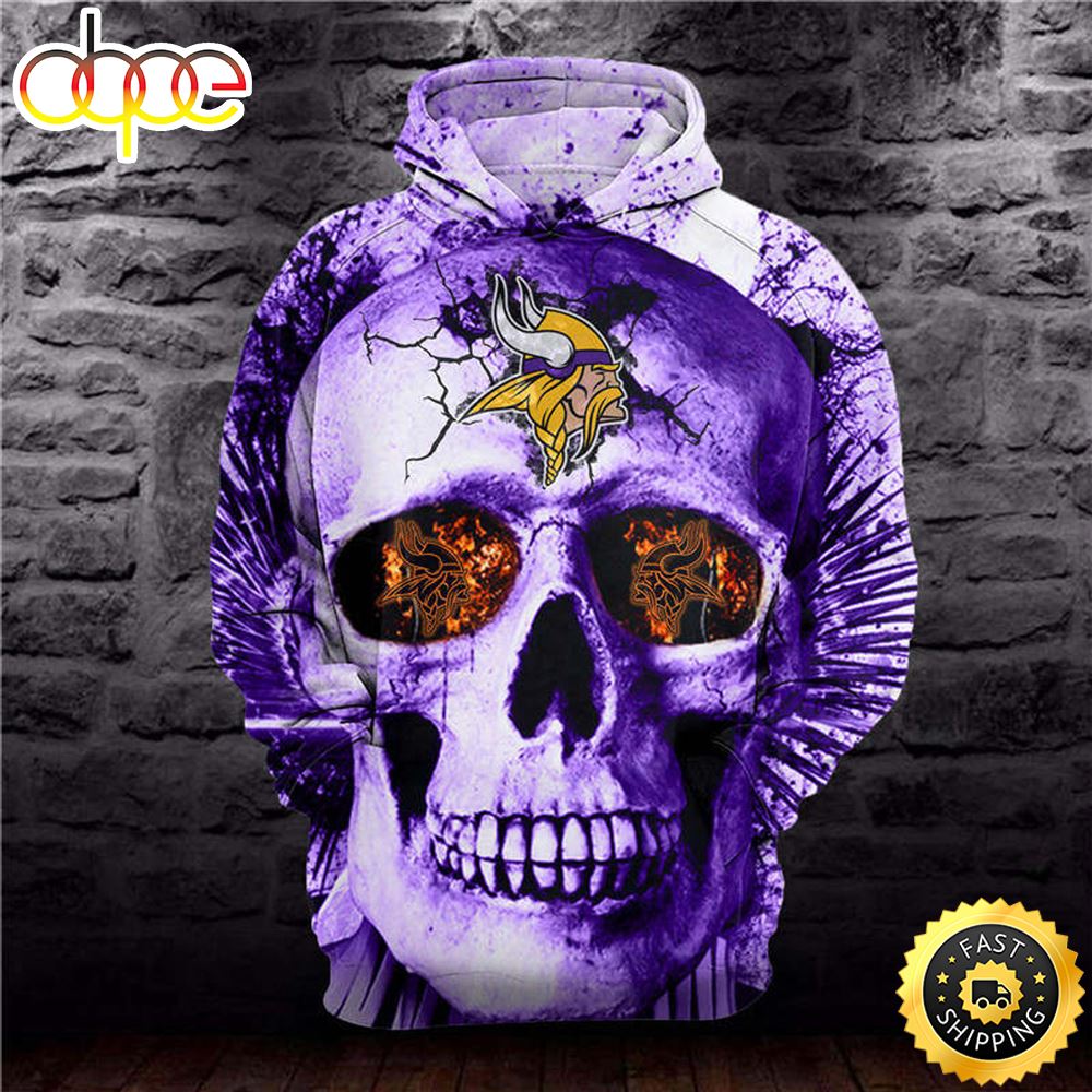 Vikings Neon Purple Skull &amp; Official Vikings Skull Logos 3D Hoodie All Over Print Shirts