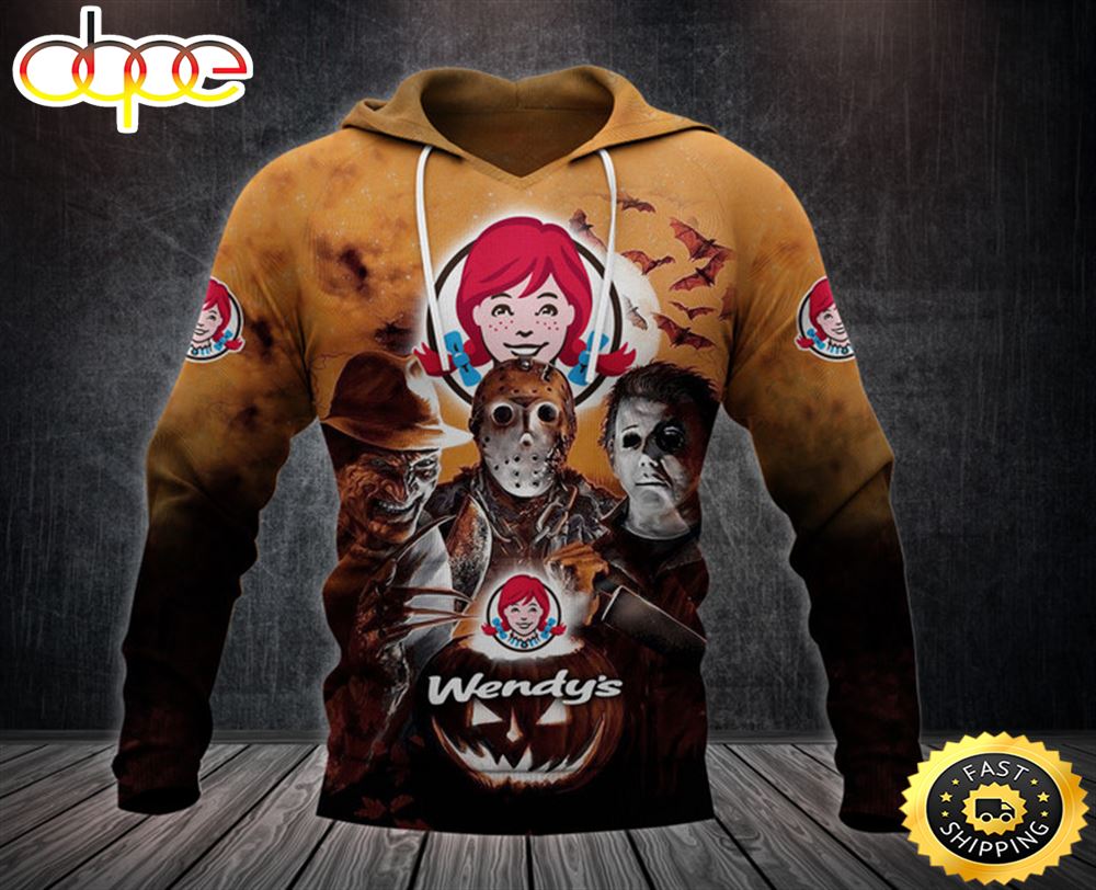 Wendy's Logo With Michael Myers and Freddy Krueger and Jason Voorhees Pumpkin Halloween All Over Print Hoodie