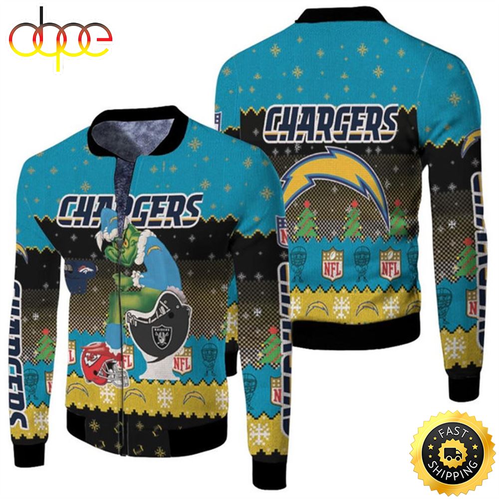 anta Grinch Los Angeles Chargers Sitting on Raiders Broncos Chiefs Toilet Christmas Gift For Chargers Fans Fleece Bomber Jacket