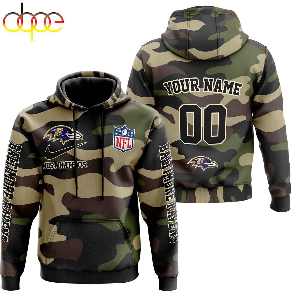 Custom Name And Number Baltimore Ravens Camo Style Veteran Day All Over Print Hoodie Shirt