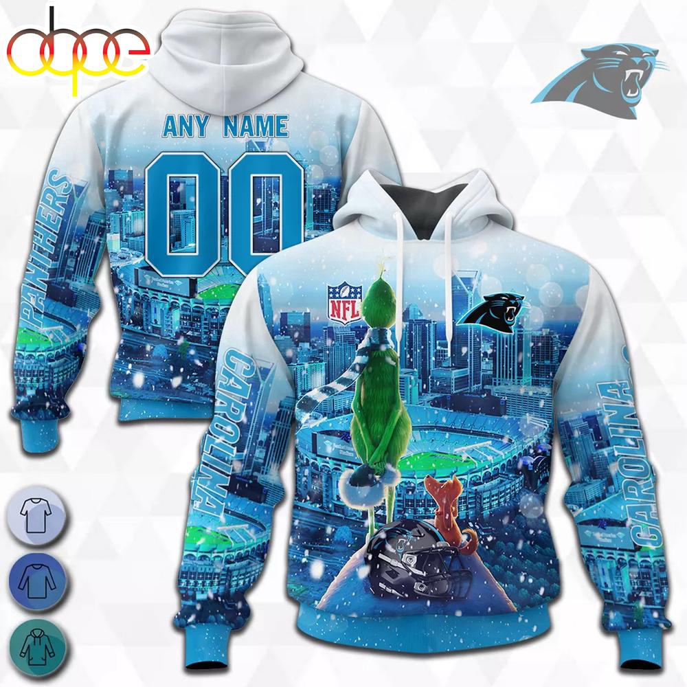 Custom Name And Number Carolina Panthers NFL Grinch All Over Print Hoodie Shirt