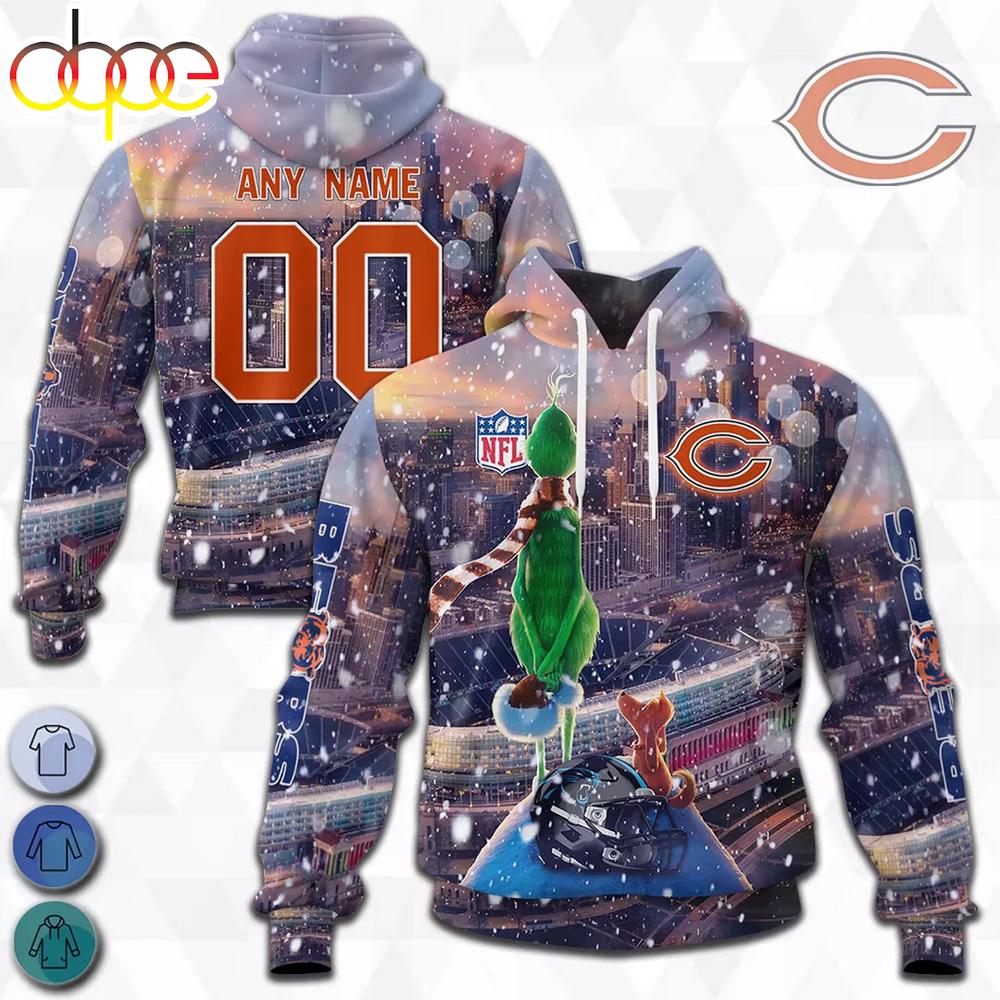 Custom Name And Number Chicago Bears NFL Grinch All Over Print Hoodie Shirt