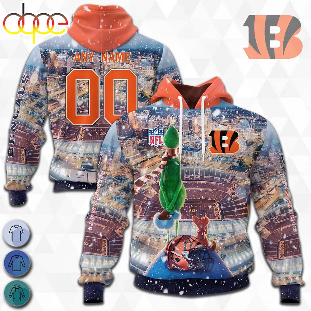 Custom Name And Number Cincinnati Bengals NFL Grinch All Over Print Hoodie Shirt