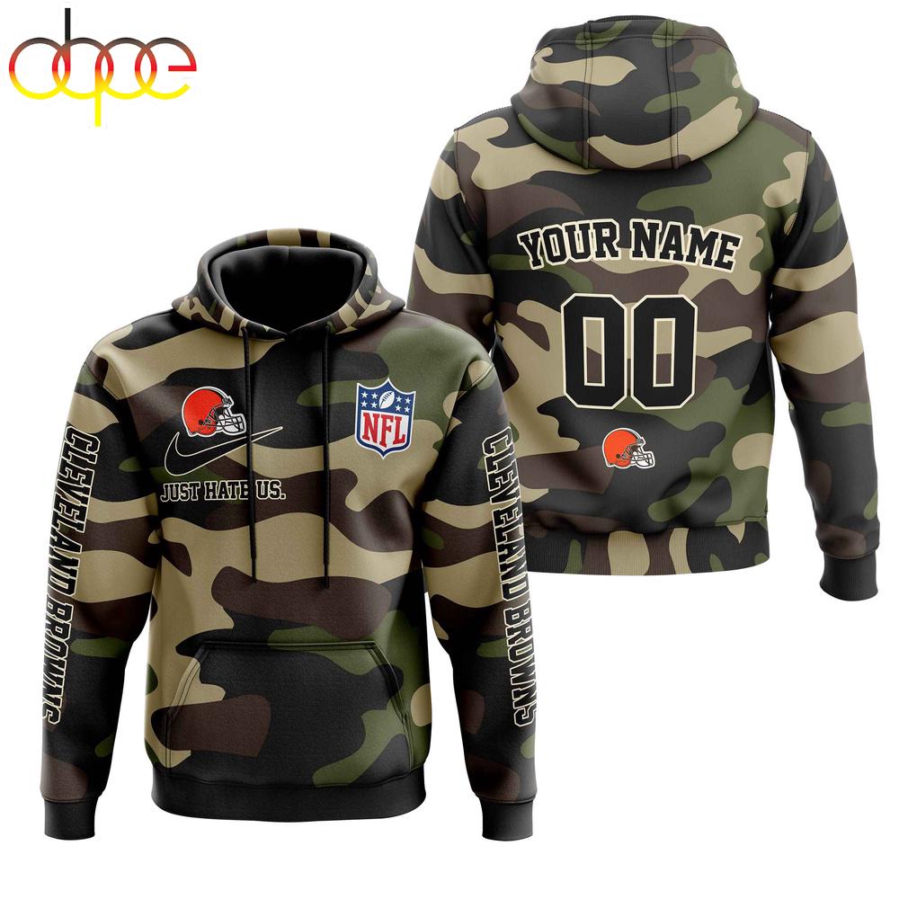 Custom Name And Number Cleveland Browns Camo Style Veteran Day All Over Print Hoodie Shirt