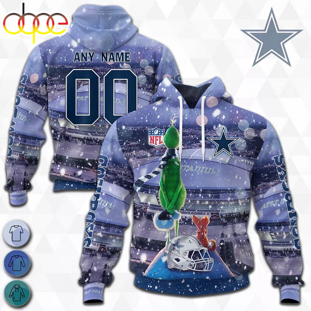 Custom Name And Number Dallas Cowboys NFL Grinch All Over Print Hoodie Shirt
