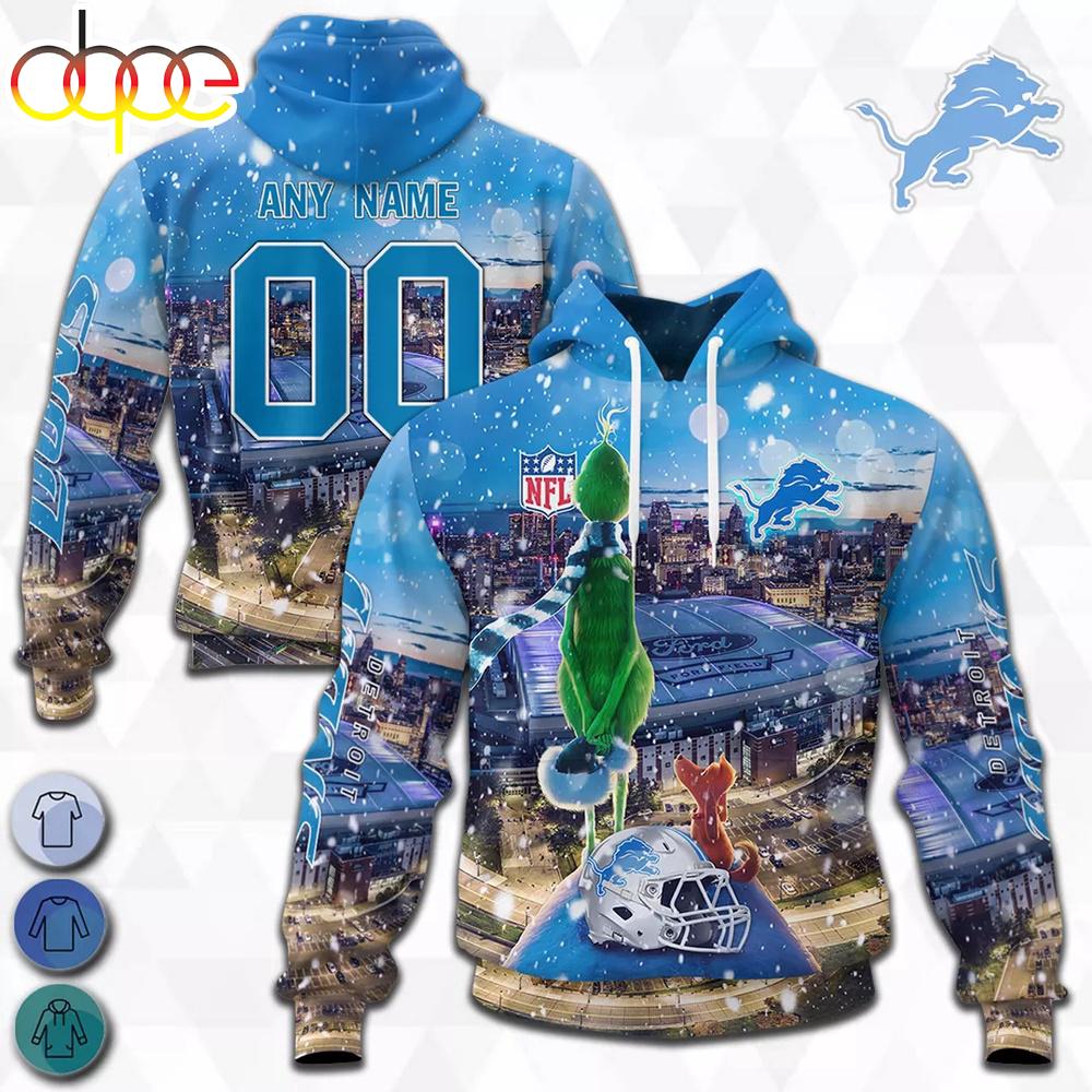 Custom Name And Number Detroit Lions NFL Grinch All Over Print Hoodie Shirt