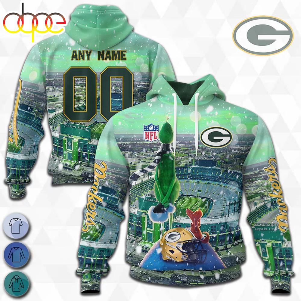 Custom Name And Number Green Bay Packers NFL Grinch All Over Print Hoodie Shirt