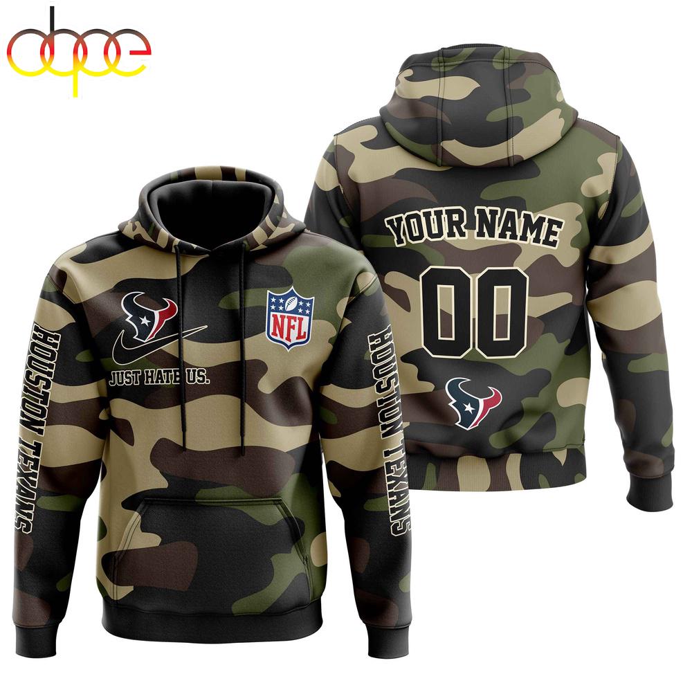 Custom Name And Number Houston Texans Camo Style Veteran Day All Over Print Hoodie Shirt
