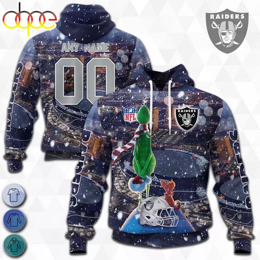 Custom Name And Number Las Vegas Raiders NFL Grinch All Over Print Hoodie Shirt