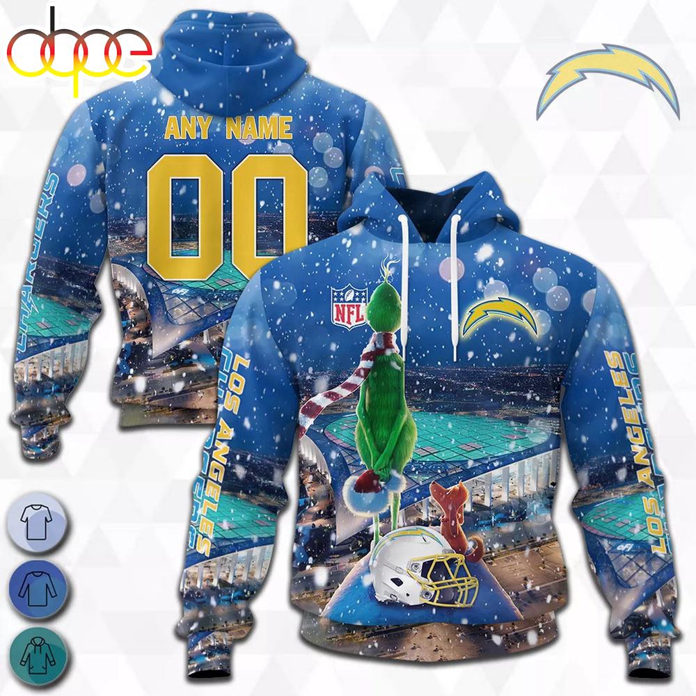 Custom Name And Number Los Angeles Chargers NFL Grinch All Over Print Hoodie Shirt