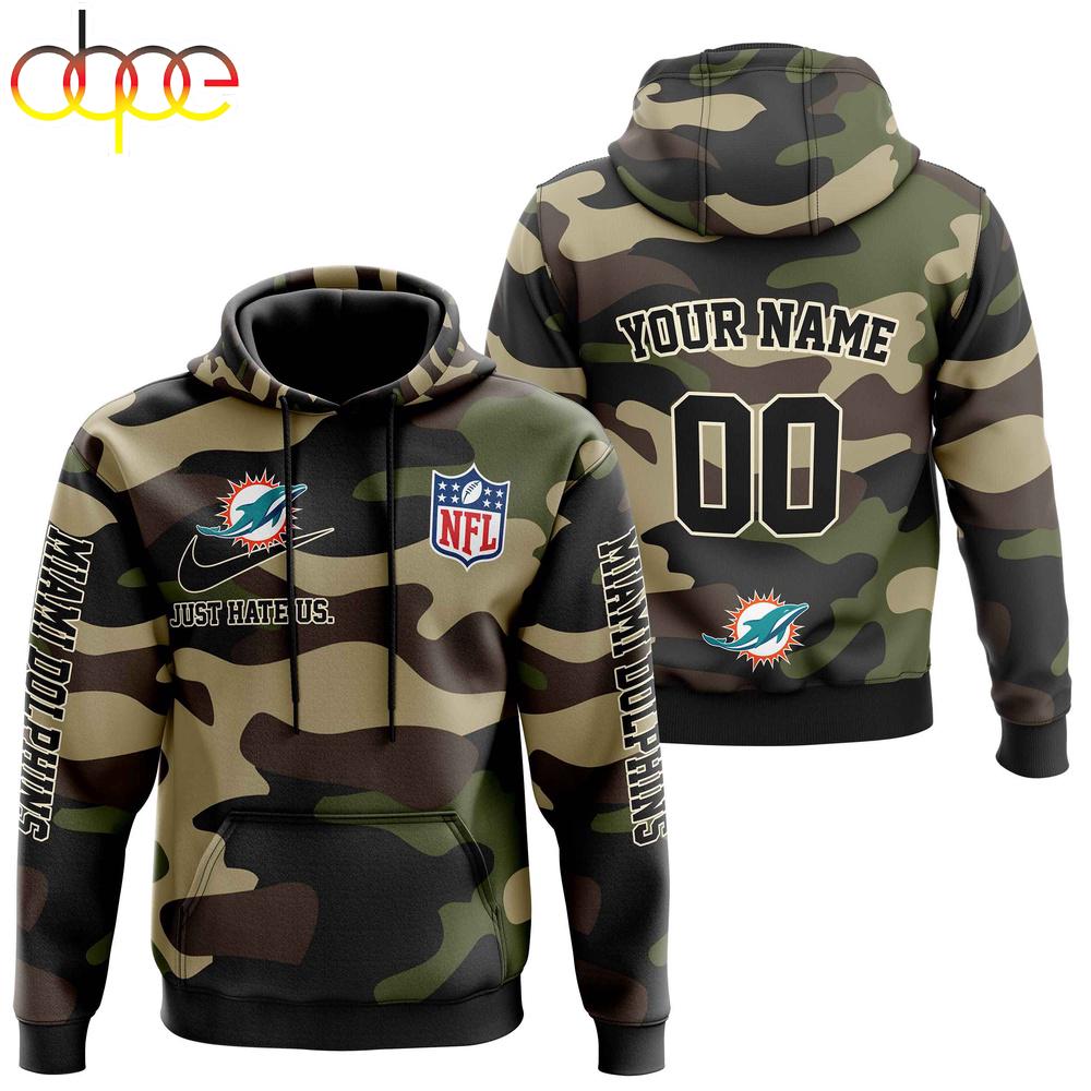 Custom Name And Number Miami Dolphins Camo Style Veteran Day All Over Print Hoodie Shirt