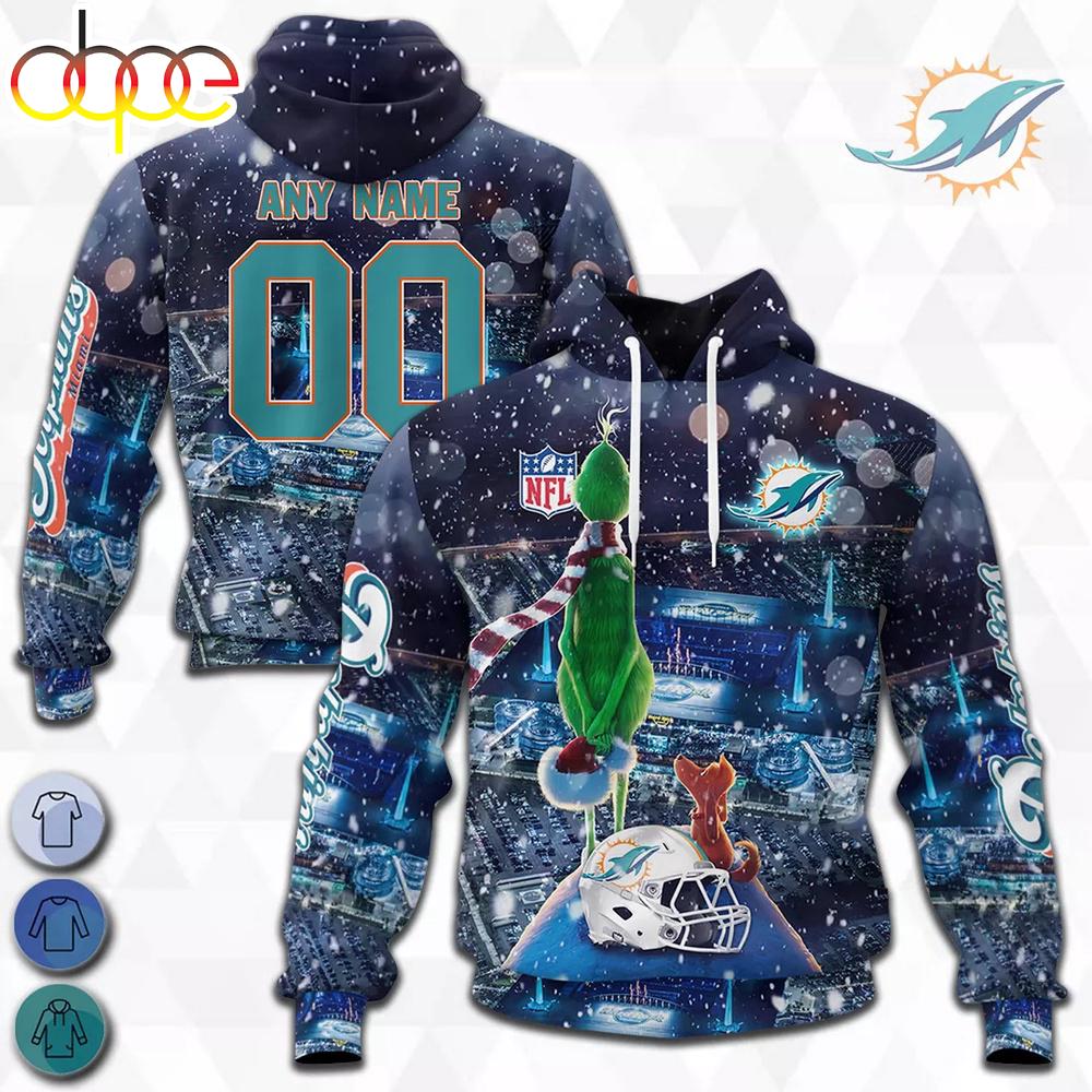 Custom Name And Number Miami Dolphins NFL Grinch All Over Print Hoodie Shirt