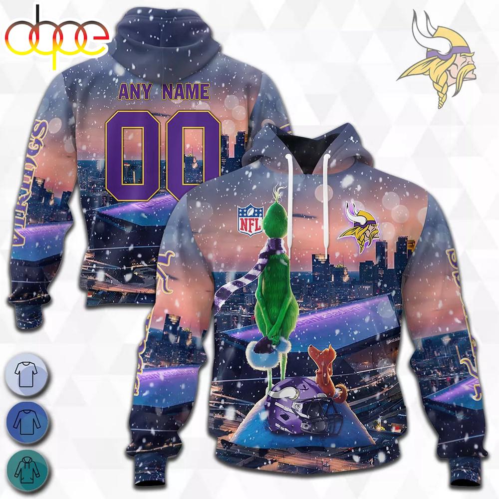 Custom Name And Number Minnesota Vikings NFL Grinch All Over Print Hoodie Shirt