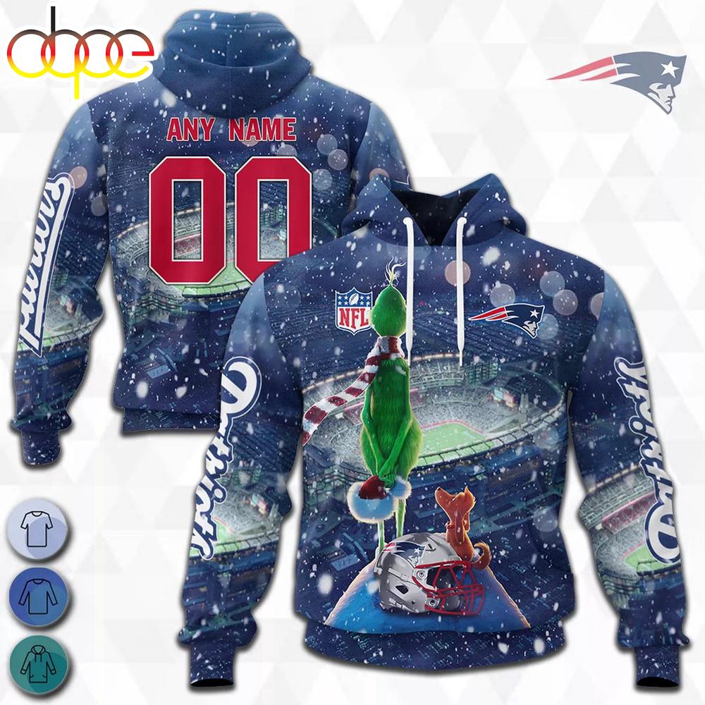 Custom Name And Number New England Patriots NFL Grinch All Over Print Hoodie Shirt