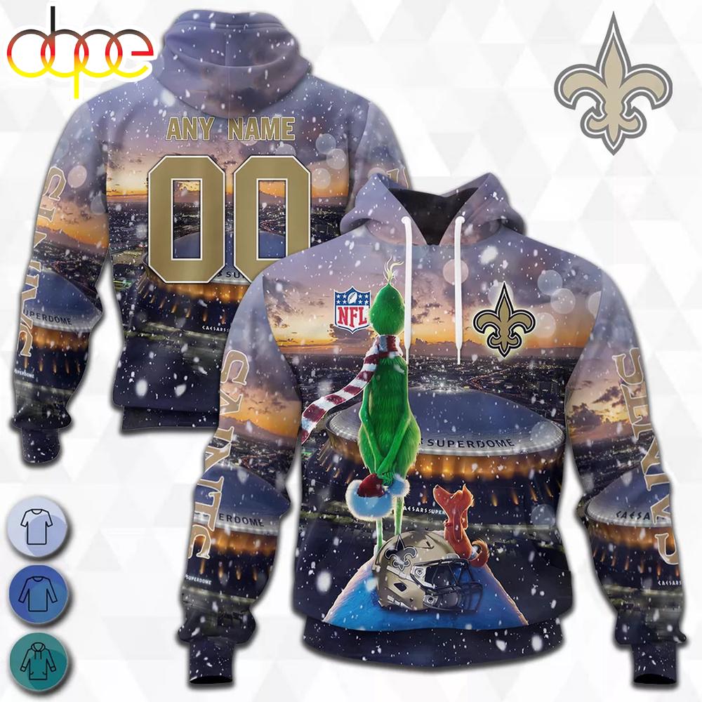 Custom Name And Number New Orleans Saints NFL Grinch All Over Print Hoodie Shirt