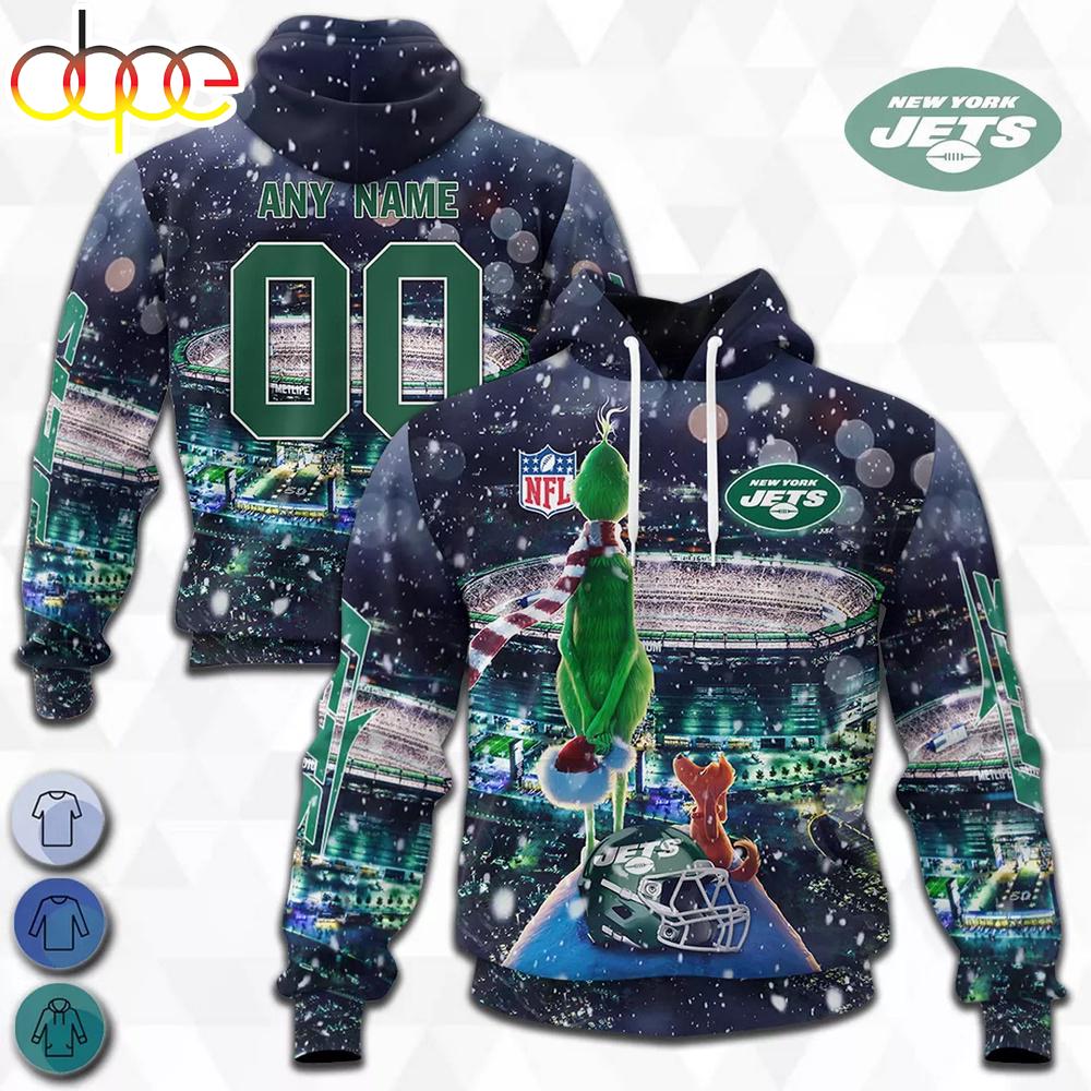 Custom Name And Number New York Jets NFL Grinch All Over Print Hoodie Shirt