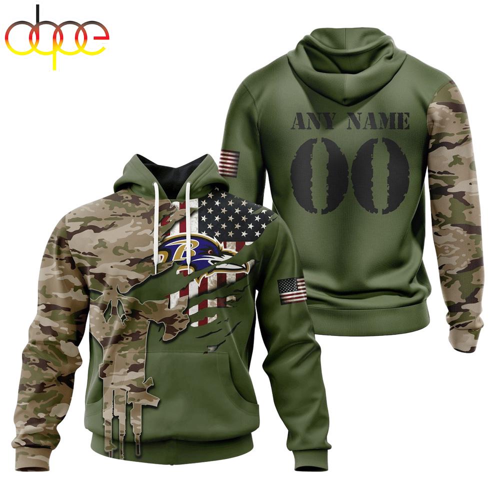 Custom Name And Number NFL Baltimore Ravens Camo And US Flag 3D Hoodie Shirt