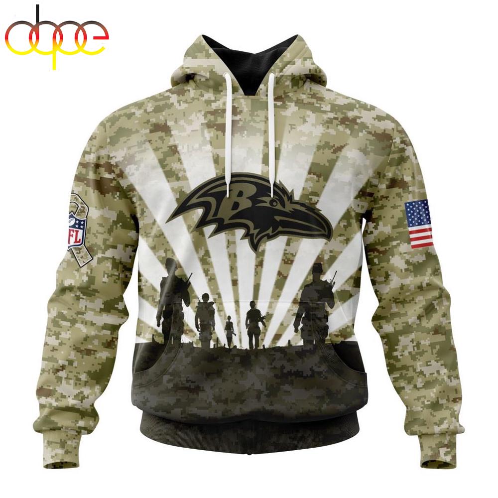 Custom Name And Number NFL Baltimore Ravens Salute To Service Honor Veterans Hoodie