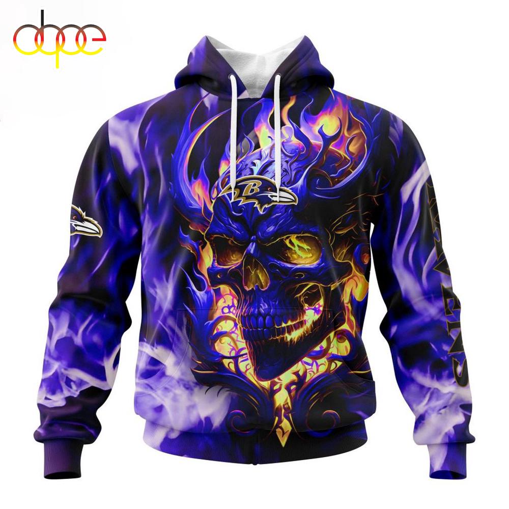 Custom Name And Number NFL Baltimore Ravens Skull Happy Halloween 3D Hoodie Shirt