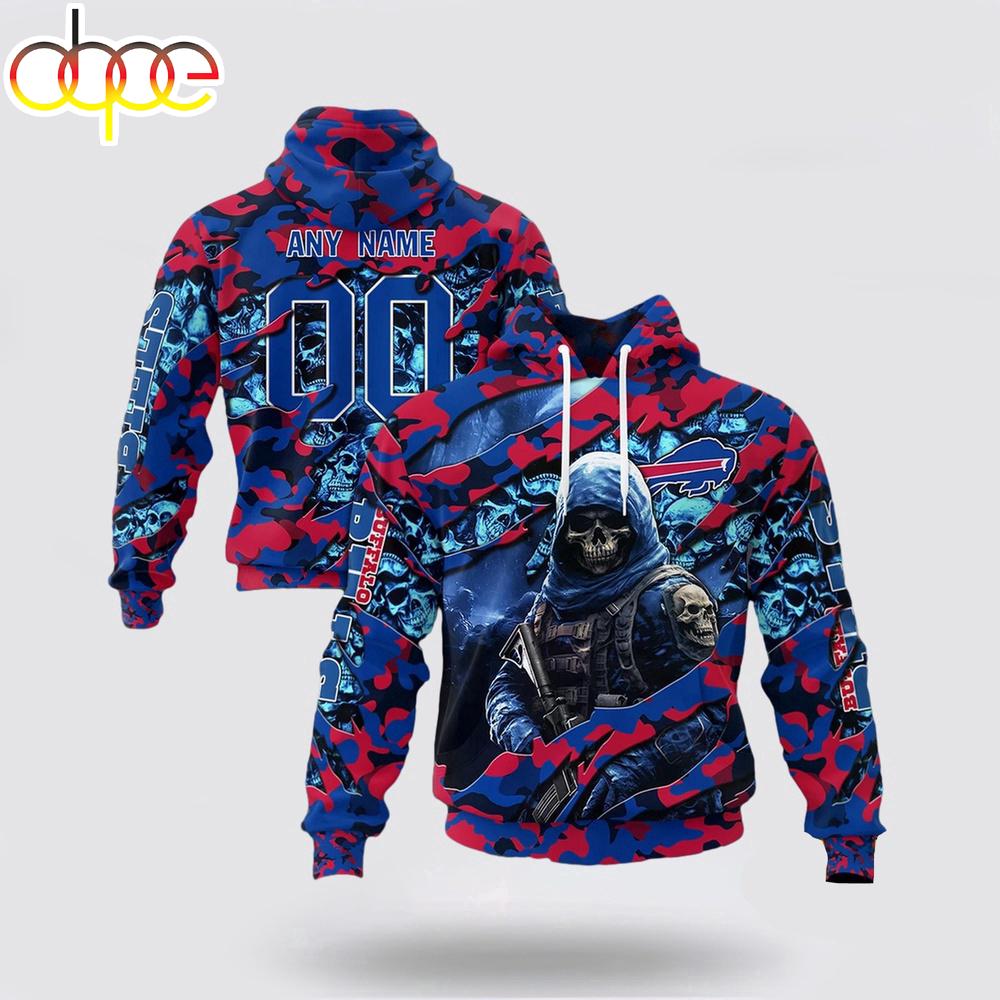 Custom Name And Number NFL Buffalo Bills Skeleton Soldier Halloween 3D Hoodie Shirt