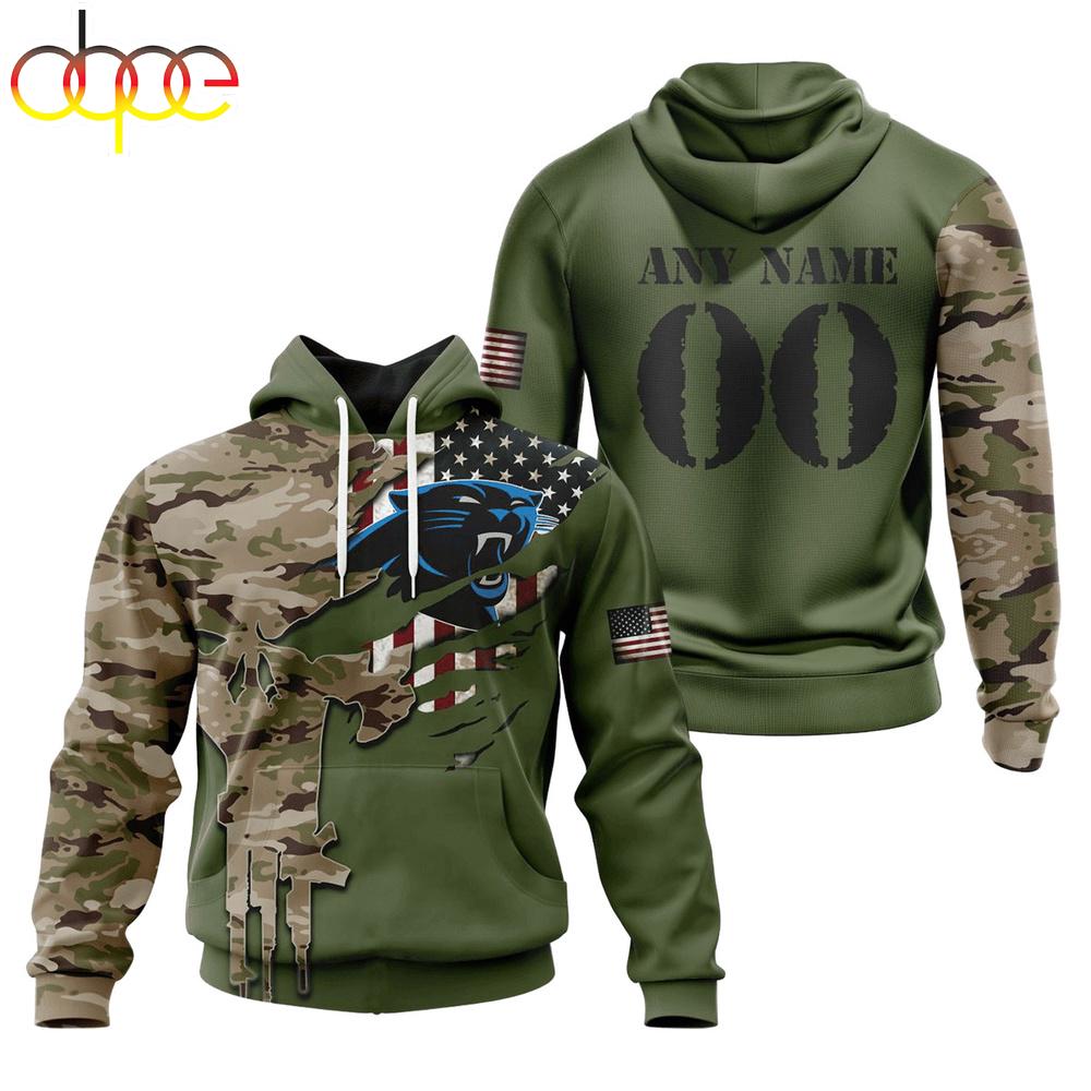 Custom Name And Number NFL Carolina Panthers Camo And US Flag 3D Hoodie Shirt