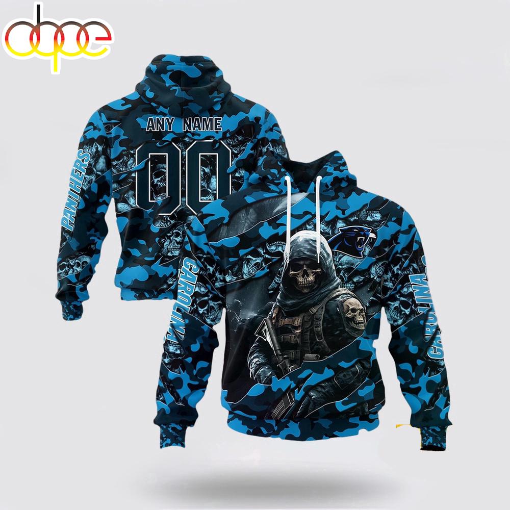 Custom Name And Number NFL Carolina Panthers Skeleton Soldier Halloween 3D Hoodie Shirt