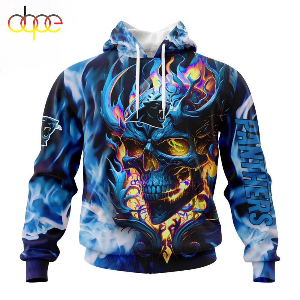 Custom Name And Number NFL Carolina Panthers Skull Happy Halloween 3D Hoodie Shirt