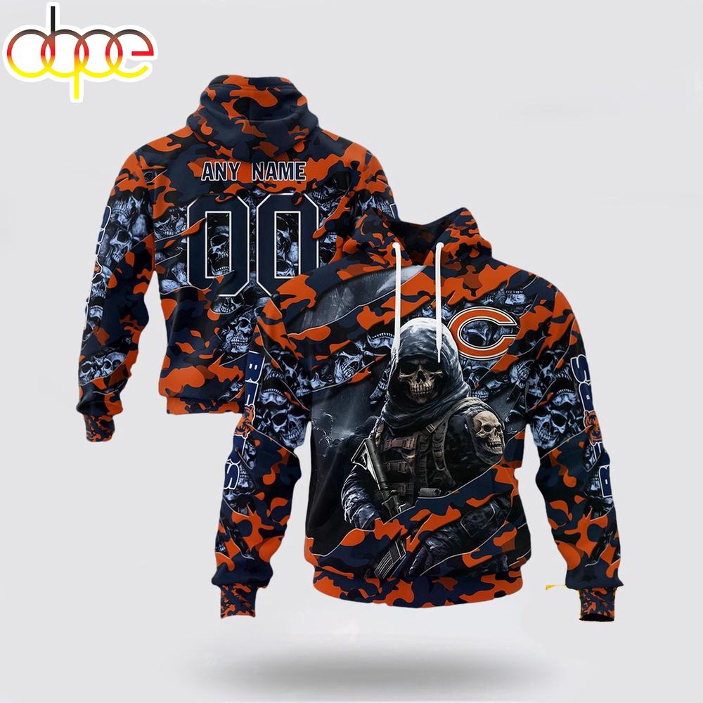Custom Name And Number NFL Chicago Bears Skeleton Soldier Halloween 3D Hoodie Shirt