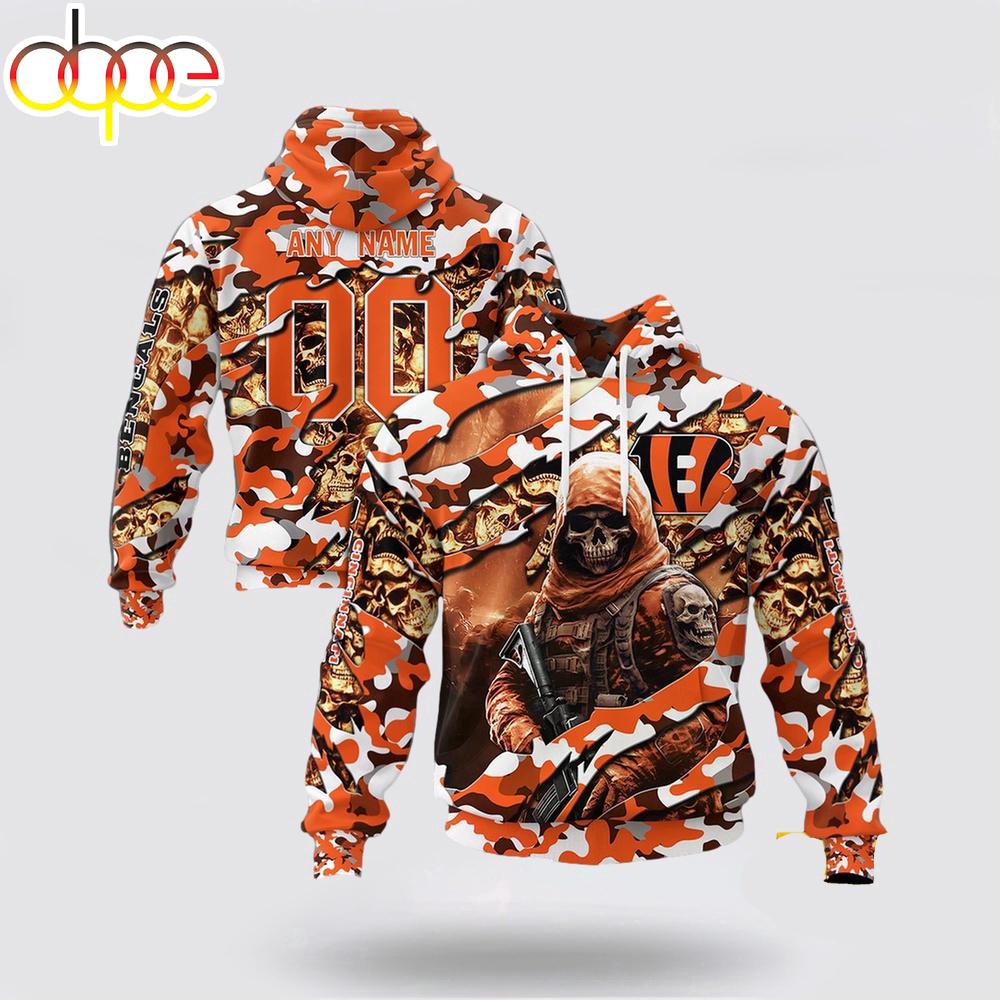 Custom Name And Number NFL Cincinnati Bengals Skeleton Soldier Halloween 3D Hoodie Shirt