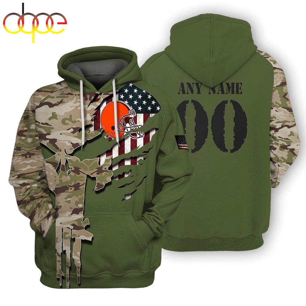 Custom Name And Number NFL Cleveland Browns Camo And US Flag 3D Hoodie Shirt