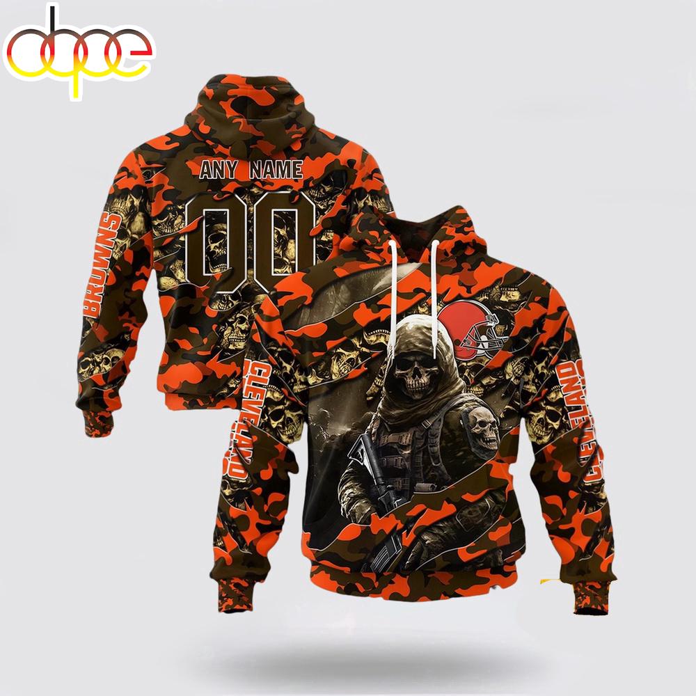 Custom Name And Number NFL Cleveland Browns Skeleton Soldier Halloween 3D Hoodie Shirt