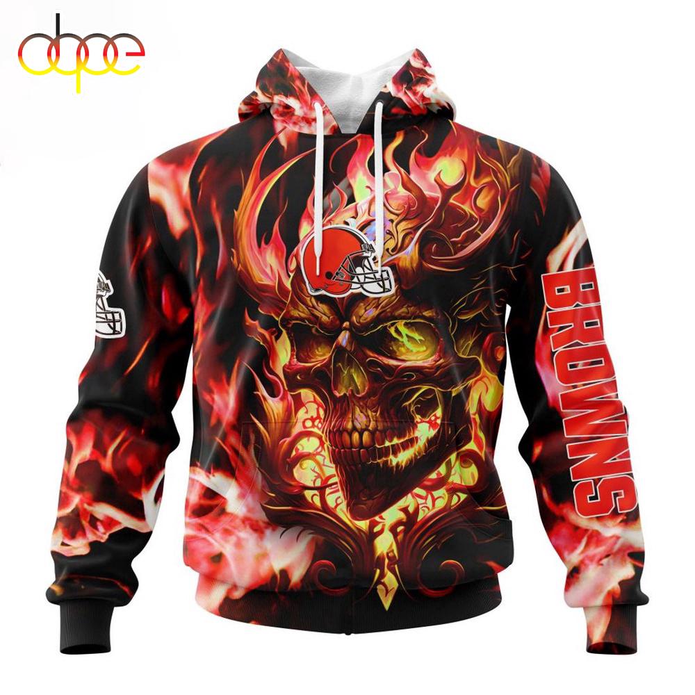 Custom Name And Number NFL Cleveland Browns Skull Happy Halloween 3D Hoodie Shirt