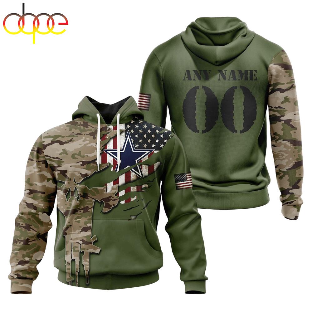 Custom Name And Number NFL Dallas Cowboys Camo And US Flag 3D Hoodie Shirt