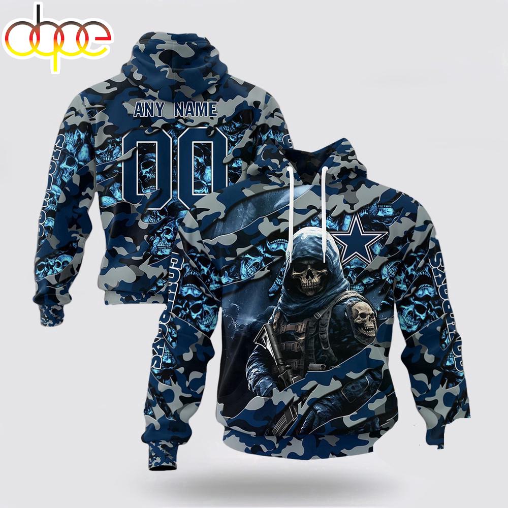 Custom Name And Number NFL Dallas Cowboys Skeleton Soldier Halloween 3D Hoodie Shirt