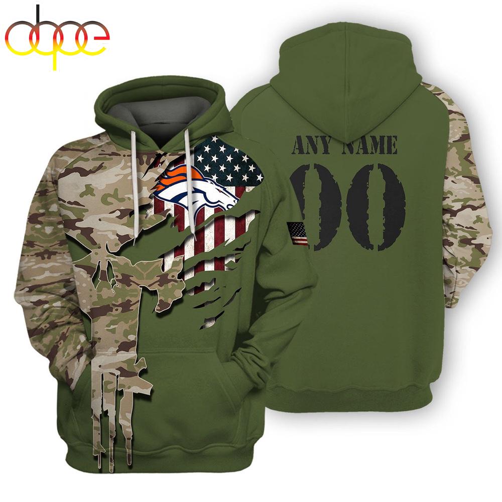 Custom Name And Number NFL Denver Broncos Camo And US Flag 3D Hoodie Shirt