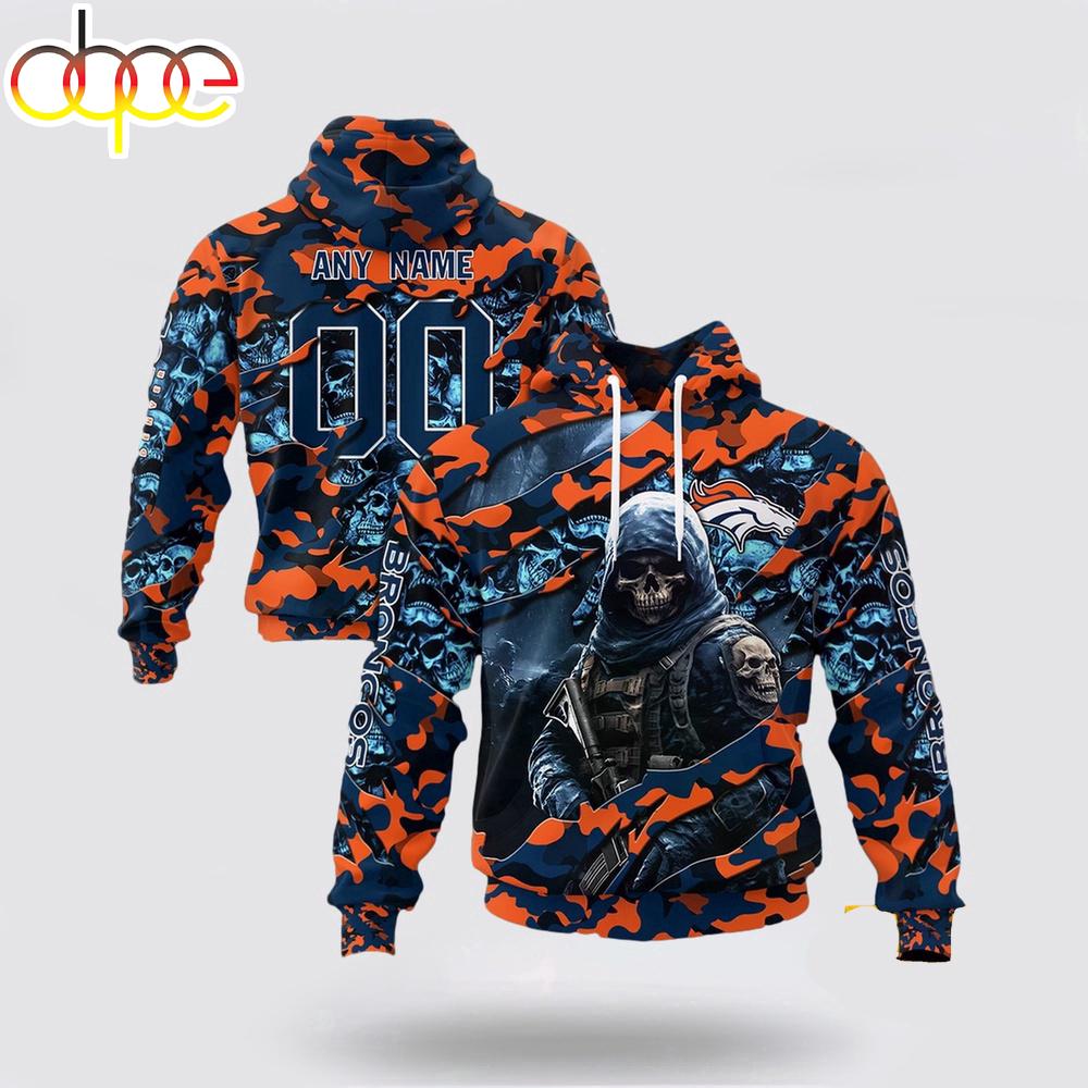 Custom Name And Number NFL Denver Broncos Skeleton Soldier Halloween 3D Hoodie Shirt