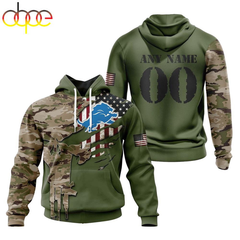 Custom Name And Number NFL Detroit Lions Camo And US Flag 3D Hoodie Shirt