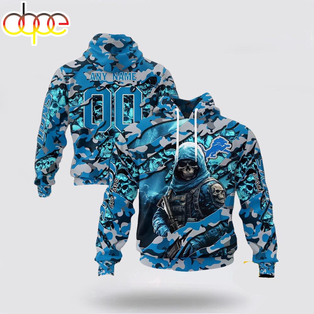 Custom Name And Number NFL Detroit Lions Skeleton Soldier Halloween 3D Hoodie Shirt