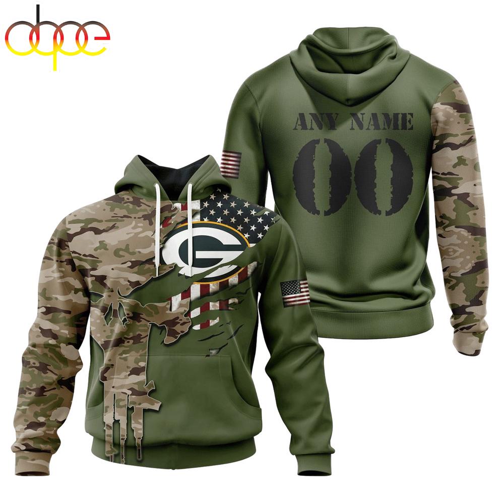 Custom Name And Number NFL Green Bay Packers Camo And US Flag 3D Hoodie Shirt
